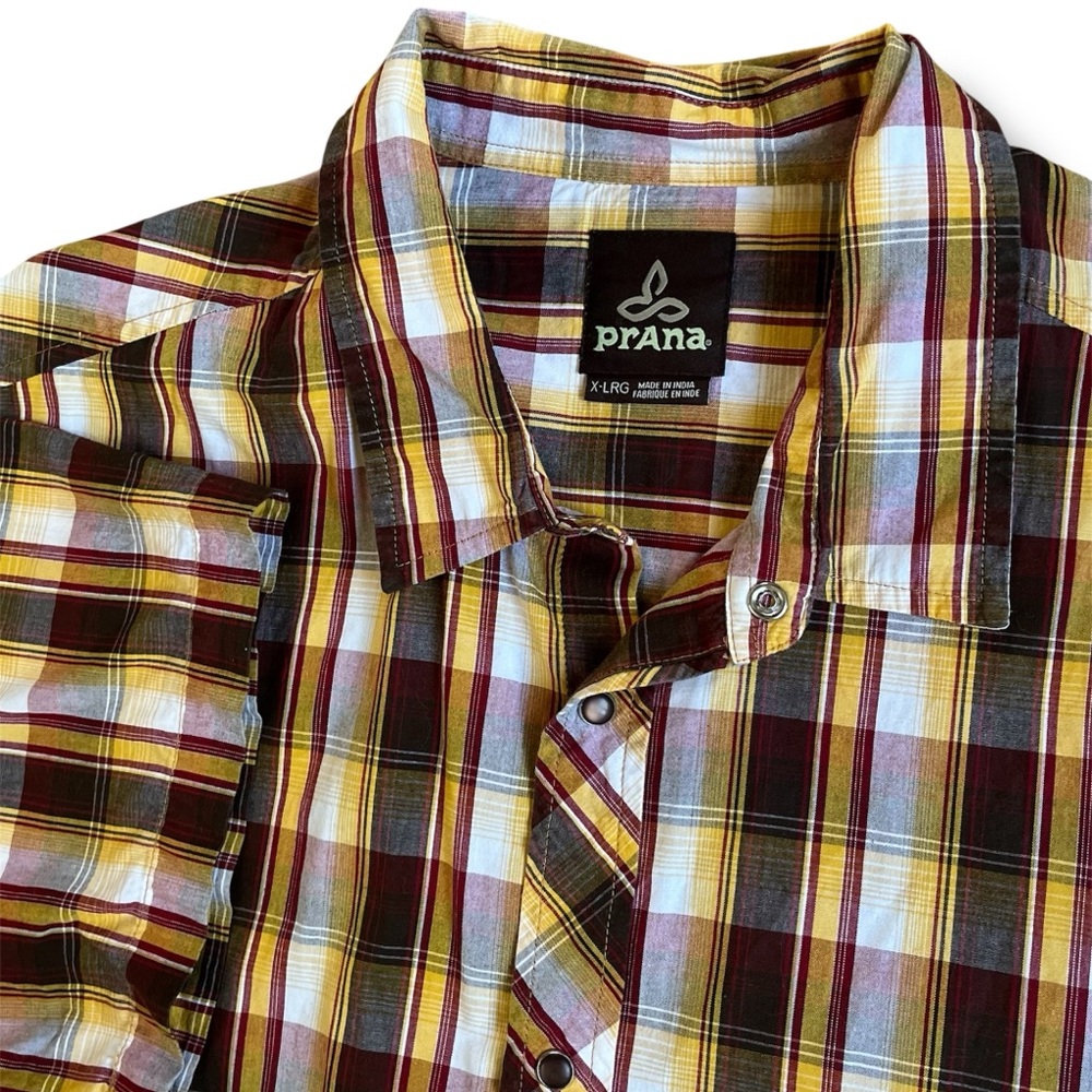 Prana Flannel‎ Shirt Mens XL Multicolor Plaid Short Sleeve Casual Brown Tan